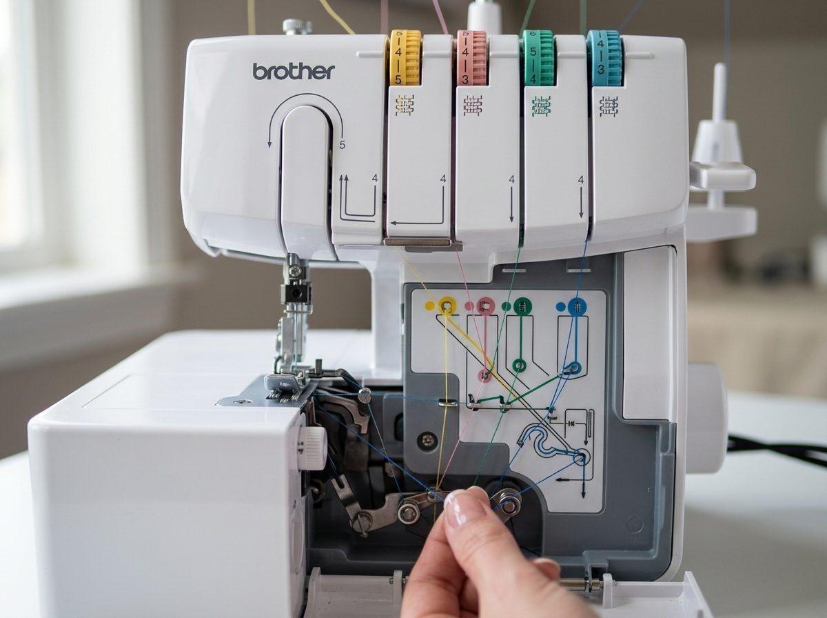 Close-up of the four color-coded tension dials and thread guides on the Brother 1034D